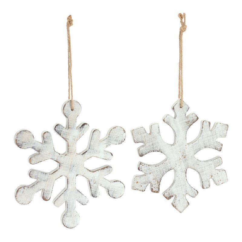 Rustic White-Washed Wooden Snowflake Ornaments Set of 12