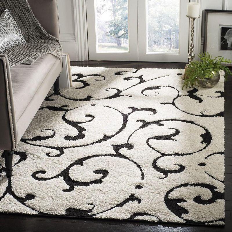 Ivory and Black Floral Shag Area Rug