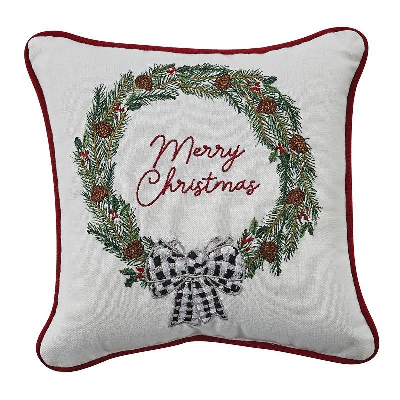 Off-White Embroidered Christmas Wreath Square Pillow