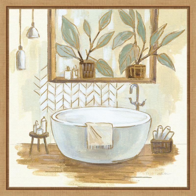 Sage Bathroom Still Life Canvas Wall Art in Maple Frame