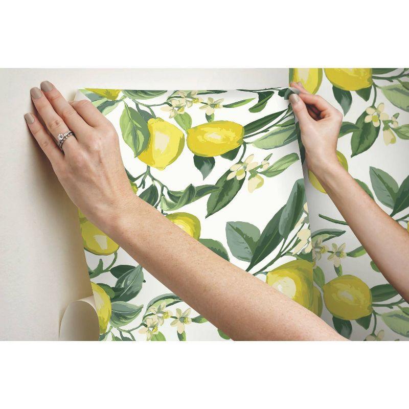 RoomMates Lemon Zest Peel and Stick Wallpaper Yellow/White: Removable Vinyl Botanical Fruit Pattern, Self-Adhesive, 28.2 Sq Ft Coverage