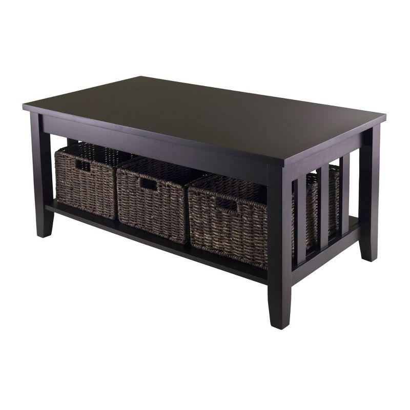 Espresso Brown Rectangular Wood Coffee Table with Storage Baskets