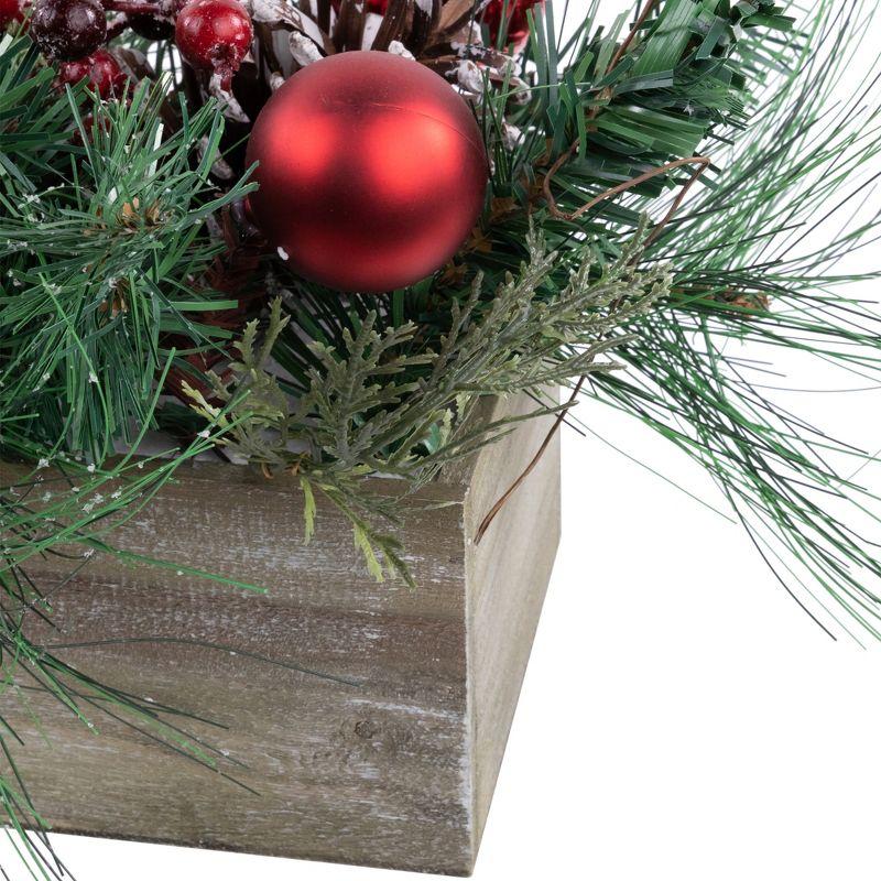 Festive Winter Pine and Red Ornaments 16" Tabletop Christmas Arrangement