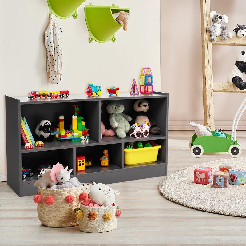 Costway Kids 2-Shelf Bookcase 5-Cube Wood Toy Storage Cabinet Organizer Grey