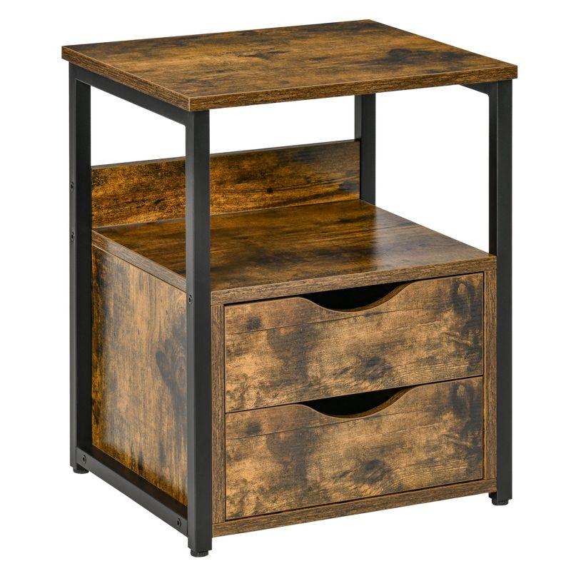 Rustic Brown Wood and Black Steel Side Table with Storage Drawers