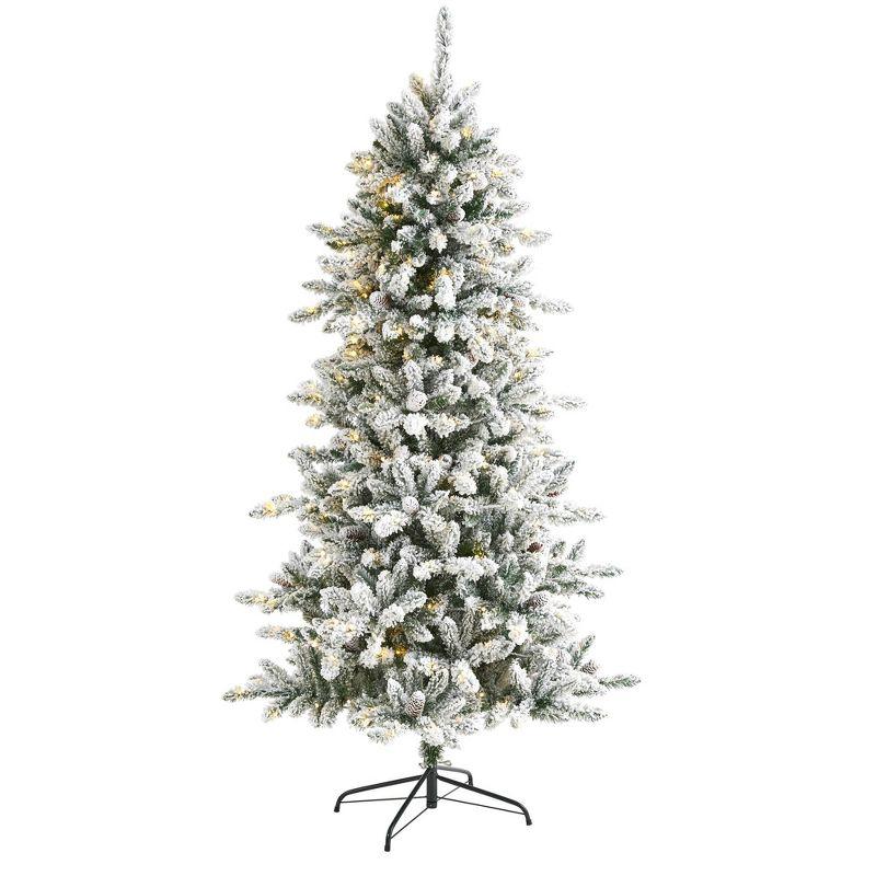 6ft Flocked Livingston Fir Artificial Christmas Tree with Pine Cones and LED Lights