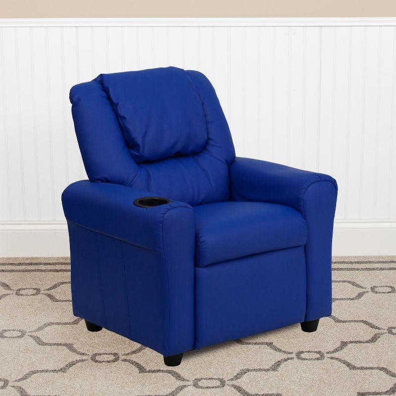 Blue Vinyl Kids Recliner with Wood Frame and Cup Holder