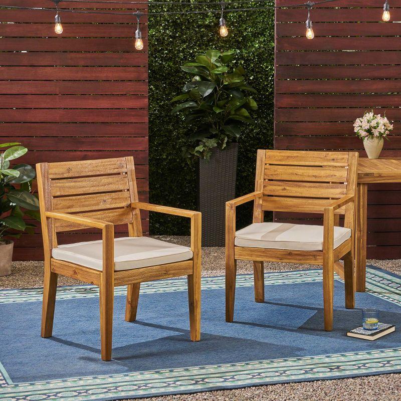 GDFStudio Agnew Outdoor Acacia Wood Dining Chairs with Cushion (Set of 2), Sandblasted Natural/Beige