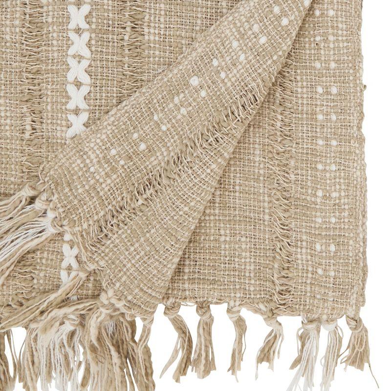 Beige Cotton Striped Table Runner with Decorative Fringe