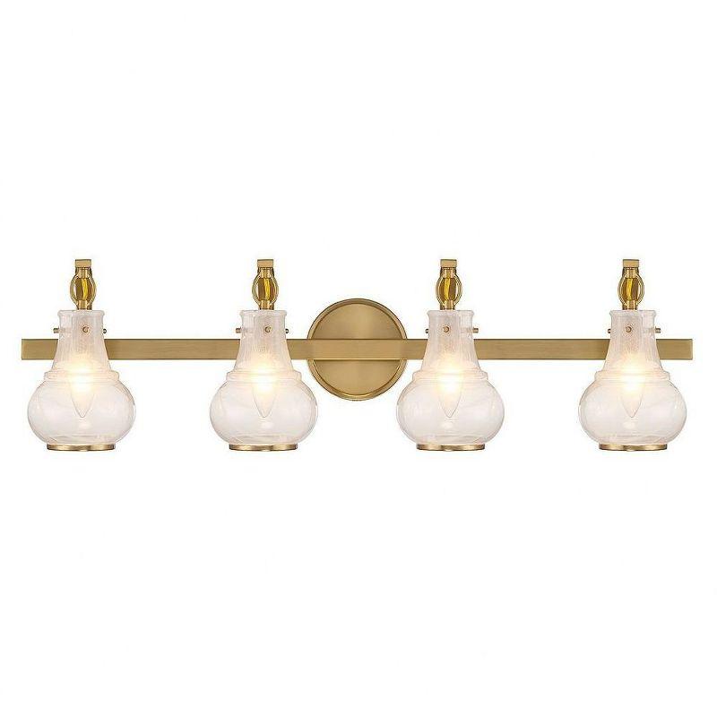 Warm Brass 4-Light Vanity with White Strie Glass Shades