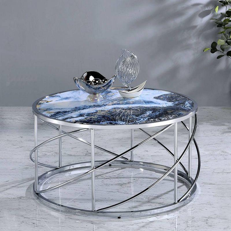 Blue Marble Print and Chrome Round Coffee Table