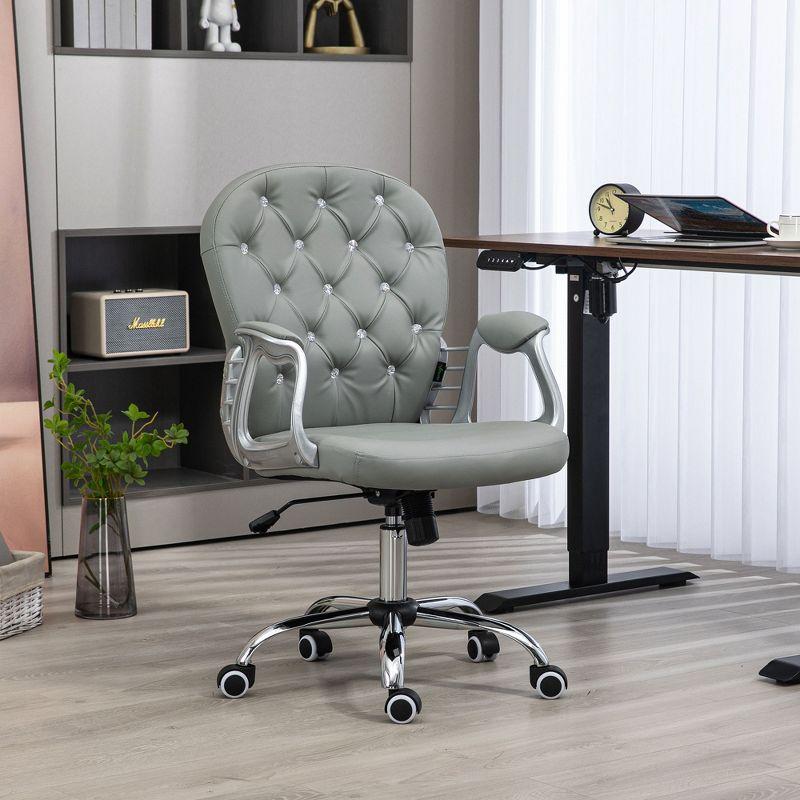 Vinsetto Vanity PU Leather Mid Back Office Chair Swivel Tufted Backrest Task Chair with Padded Armrests, Adjustable Height, Rolling Wheels, Gray