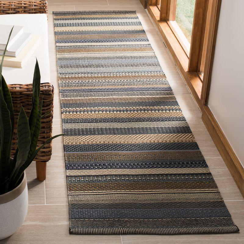 Blue and Beige Wool Handwoven Striped Runner Rug