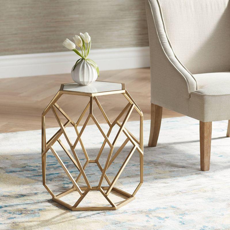 Contemporary Gold Metal Hexagon Accent Table with White Marble Top