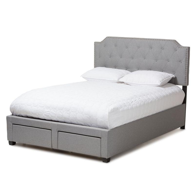 Aubrianne Queen Gray Upholstered Storage Bed with Nailhead Trim