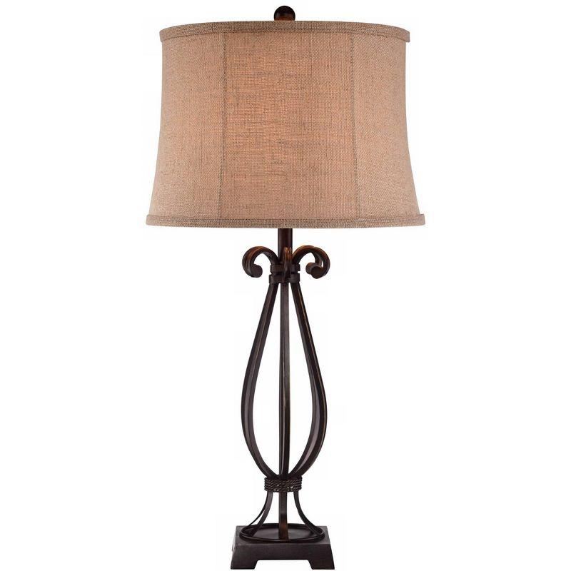 Regency Hill Taos Traditional Table Lamp 32" Tall Iron Open Scroll Base Neutral Burlap Shade for Bedroom Living Room Bedside Nightstand Office Kids