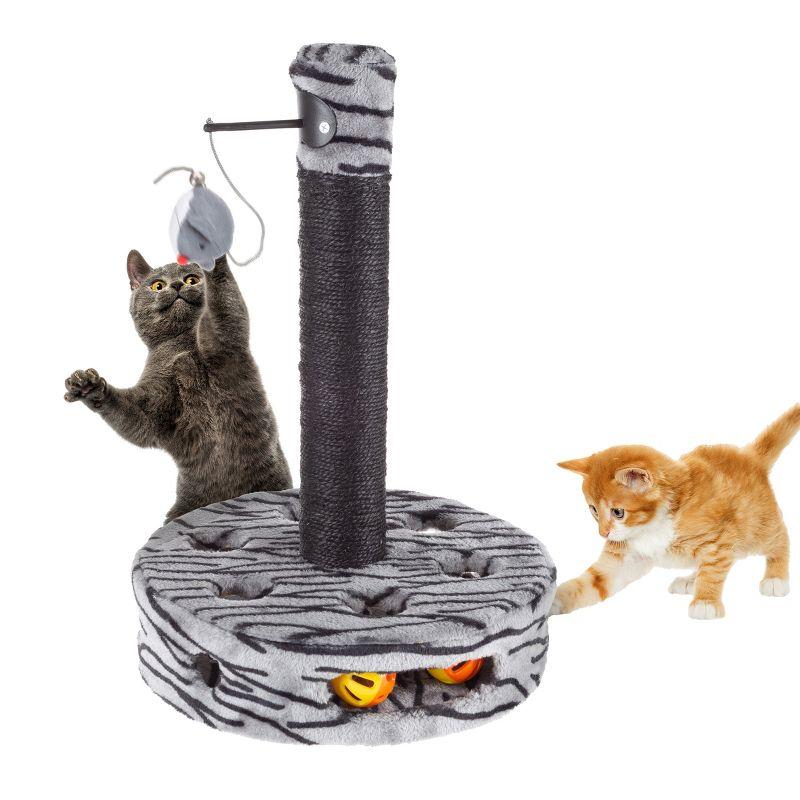 Pet Adobe Interactive Sisal Cat Scratching Post With Built-In Rolling Ball and Hanging Mouse Toy for Adult Cats and Kittens - Gray and Black