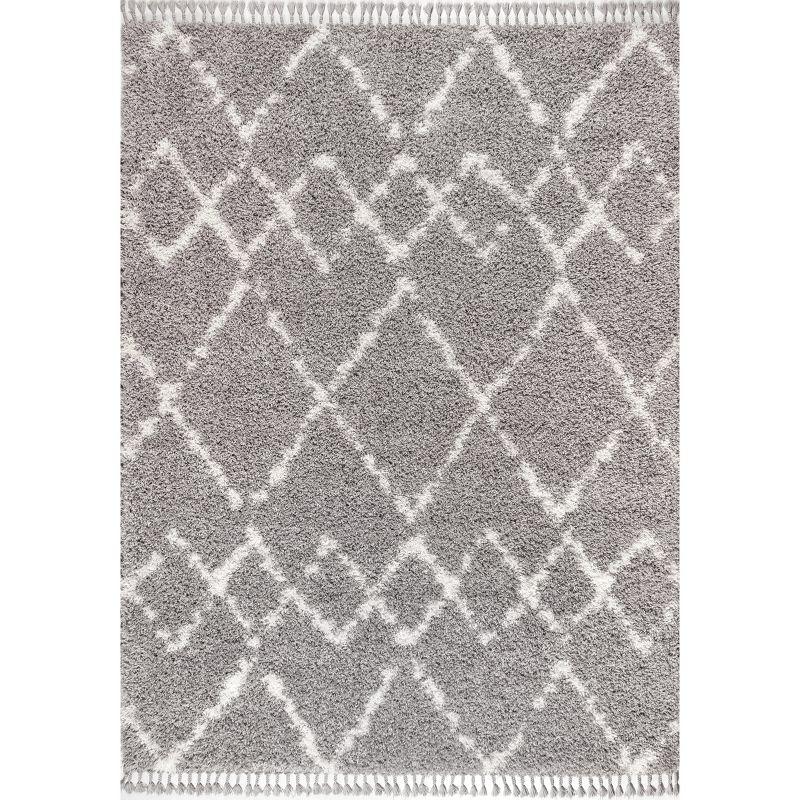 3'x5' Mercer Shag Plush Tassel Moroccan Geometric Trellis Area Rug, Grey/Cream - JONATHAN Y