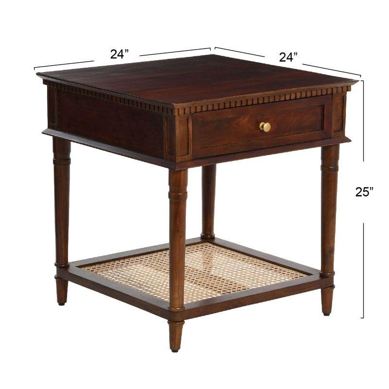 Storied Home Maxwelton Solid Wood End Accent Table Dark Chestnut/Natural: Traditional Style, Cane Shelf, Hidden Compartment