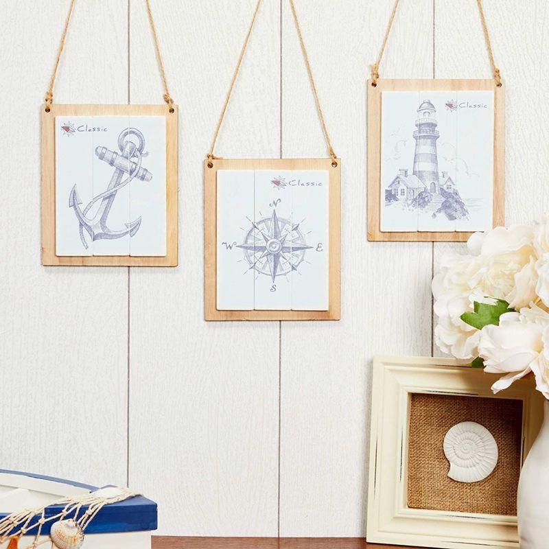 Vintage Nautical Wooden Wall Art Set with Hemp Rope