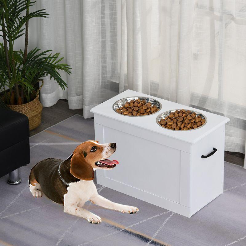 White Elevated Pet Feeding Station with Stainless Steel Bowls