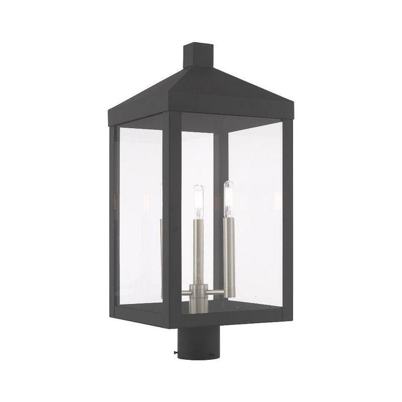 Scandinavian Gray Brass 3-Light Outdoor Post Lantern with Clear Glass