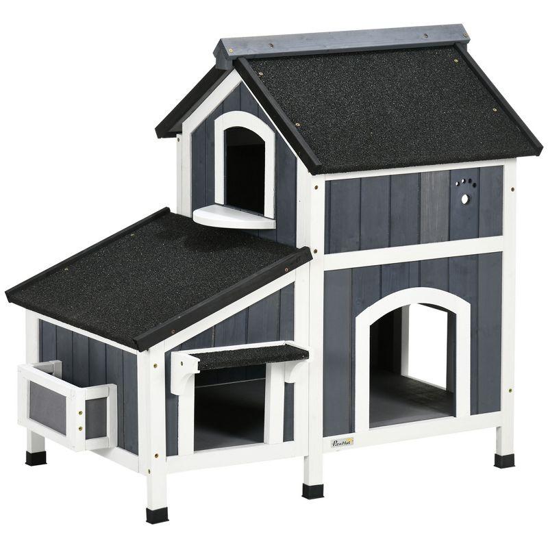 Gray Wooden Outdoor Cat House with Weather-resistant Roof