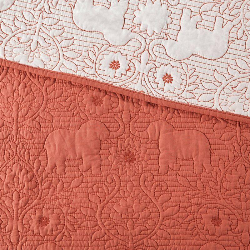 Coral Cotton Full Quilt Set with Reversible Elephant & Floral Design