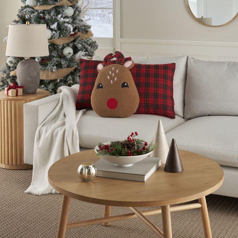 Holiday Plaid Red and Brown Faux Shearling Reindeer Pillow Set