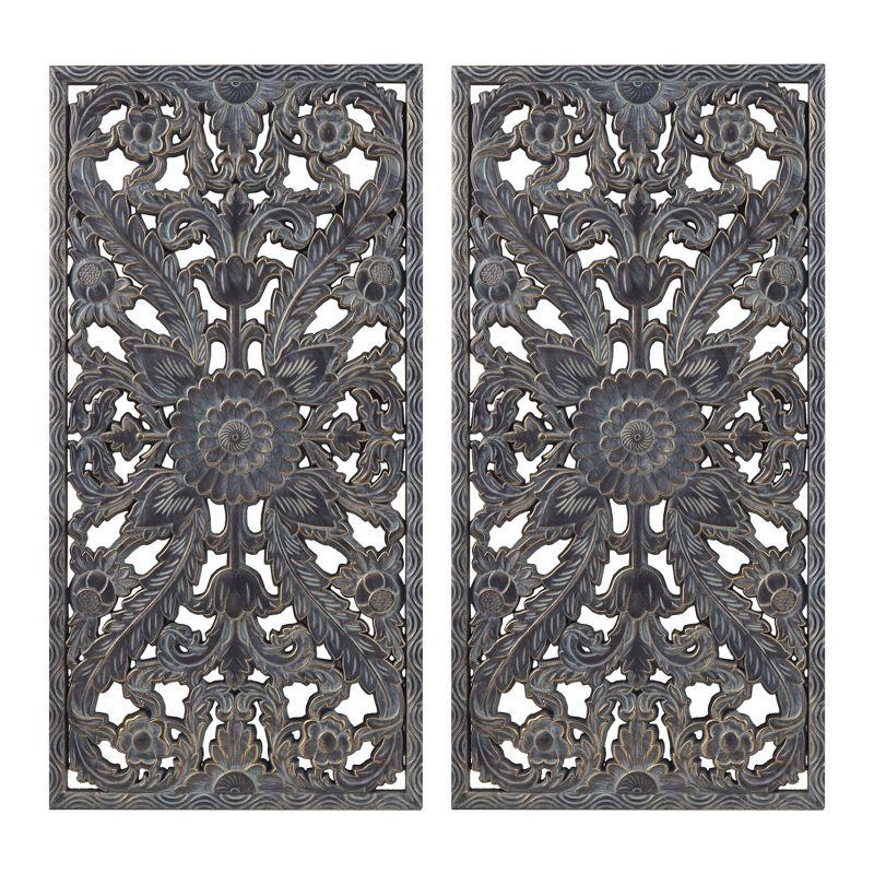 2pc Botanical Carved Wall Decor Panel Set Bronze - Madison Park: MDF Antique Finish, Vertical Orientation