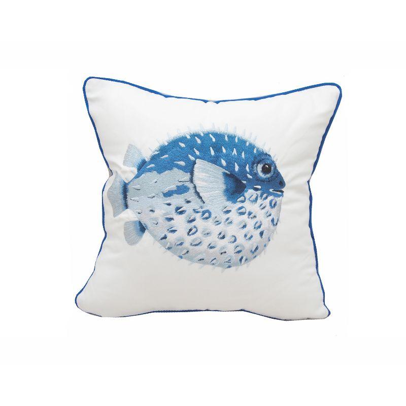 Blue and White Embroidered Pufferfish Square Pillow