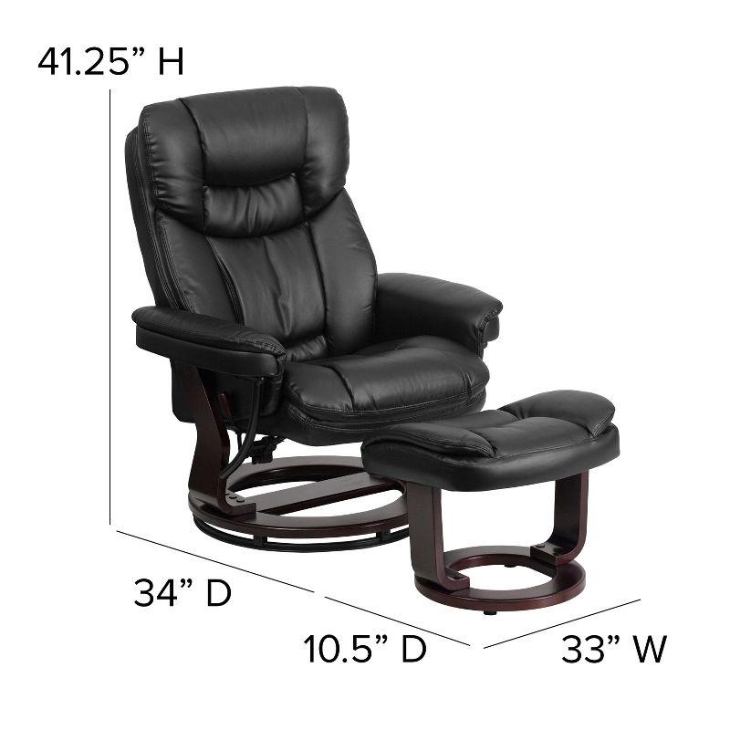 Flash Furniture Contemporary Multi-Position Recliner and Curved Ottoman with Swivel Mahogany Wood Base in Black LeatherSoft