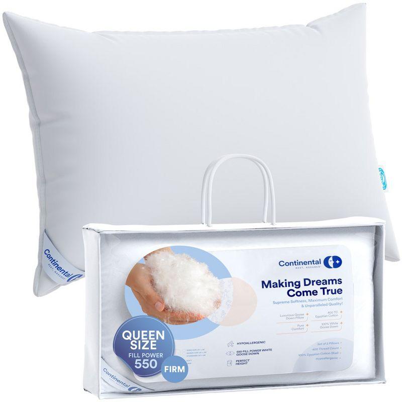 ContinentalBedding Continental Bedding 550FP Firm Down Pillow, 1-Pack, 550FP, 75% Down 25% Feather, 400TC 100% Cotton Shell