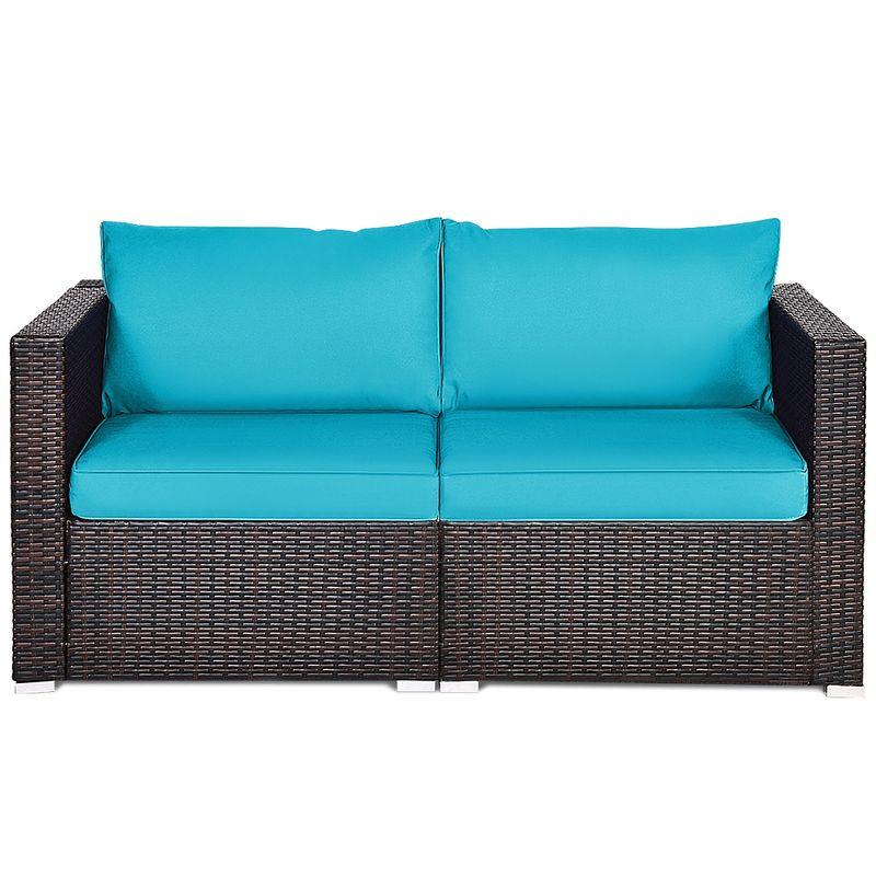 Costway 2PCS Patio Rattan Corner Sofa Sectional Furniture Blue Cushion