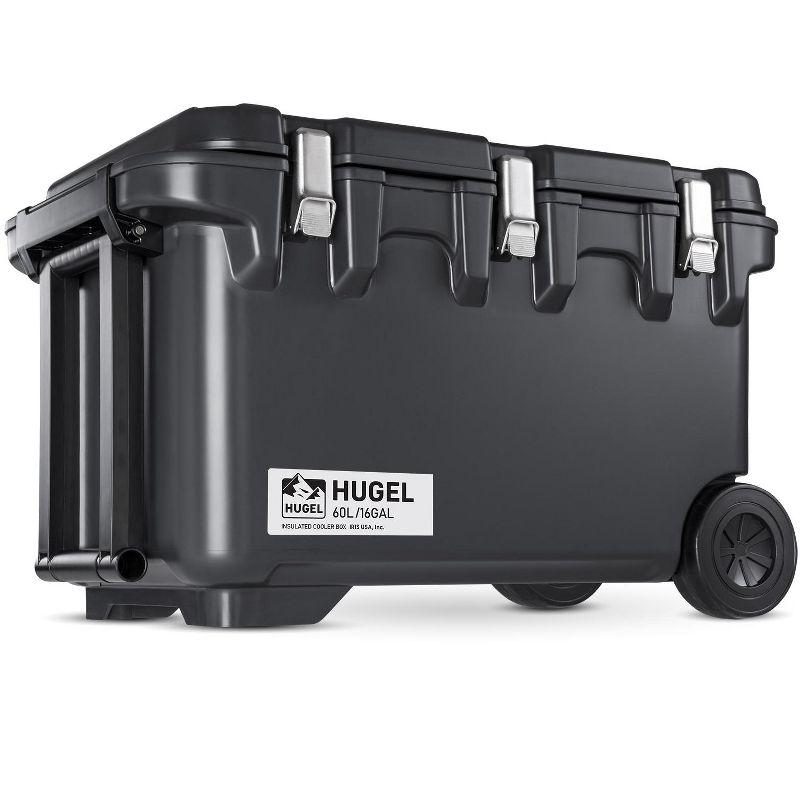 IRIS USA HUGEL 64 QT Cooler Box Insulated, Hard Cooler, Vacuum-Insulated Panels Durable Portable Ice Chest with Built-in Handle and Wheels, Black