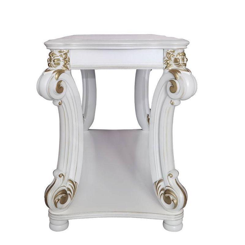 58" Vendome Accent Table Antique Pearl Finish - Acme Furniture: Scrolled Legs, Open Shelf