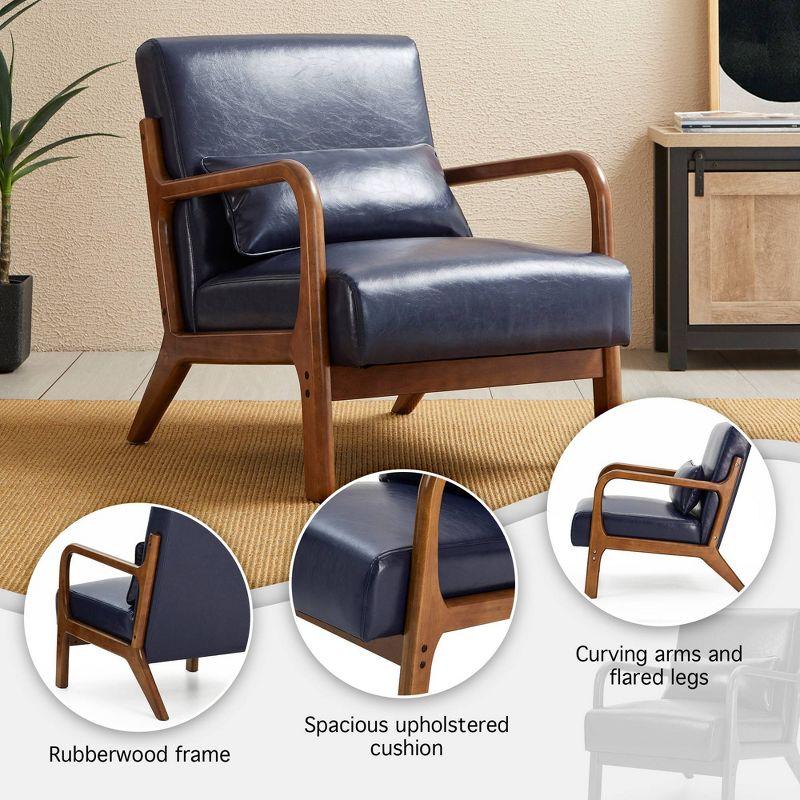 Mid-Century Modern Leatherette Arm Accent Chair Walnut Rubberwood Frame Navy Blue - Glitzhome: PU Upholstery, Tapered Legs, Office/Home Use