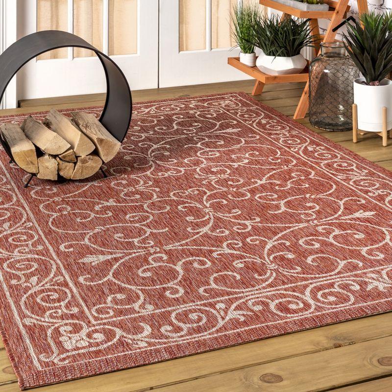 4'x6' Charleston Vintage Filigree Textured Weave Indoor/Outdoor Area Rug, Red/Beige - JONATHAN Y