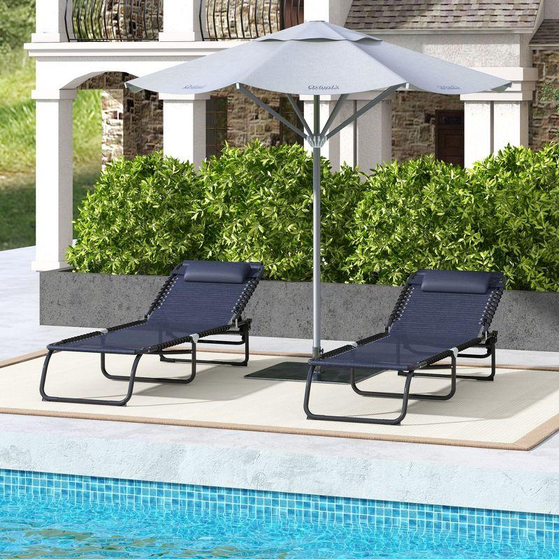 2 Folding Chaise Lounge Pool Chairs with 4-Position Reclining Back, Pillow, Breathable Mesh & Bungee Seat, Dark Blue