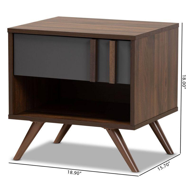 1 Drawer Naoki Two-Tone Wood Nightstand Gray/Walnut - Baxton Studio: Bedside Storage, Splayed Legs, Retro Design