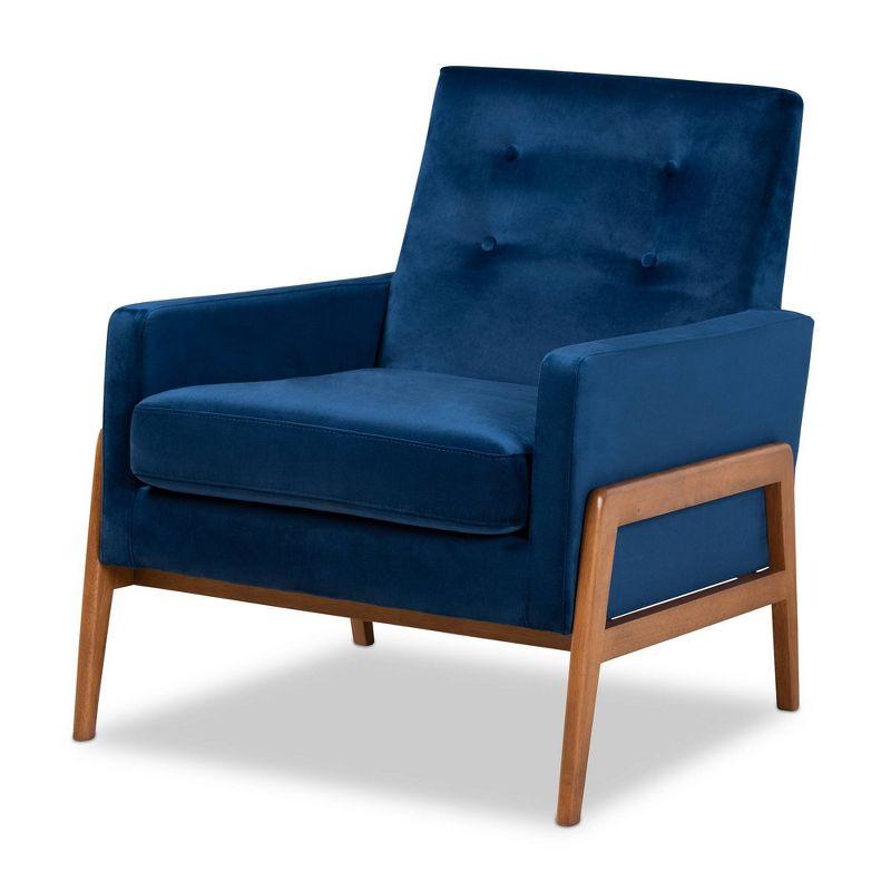 Baxton Studio Perris Mid-Century Modern Velvet Fabric Upholstered Wood Lounge Chair Blue: Polyester, Spot Clean, Armchair