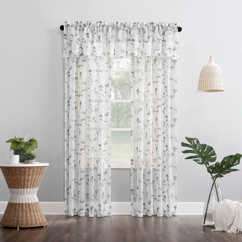 17"x50" Delia Embroidered Floral Sheer Rod Pocket Curtain Valance White/Gray - No. 918: Botanical Window Valance