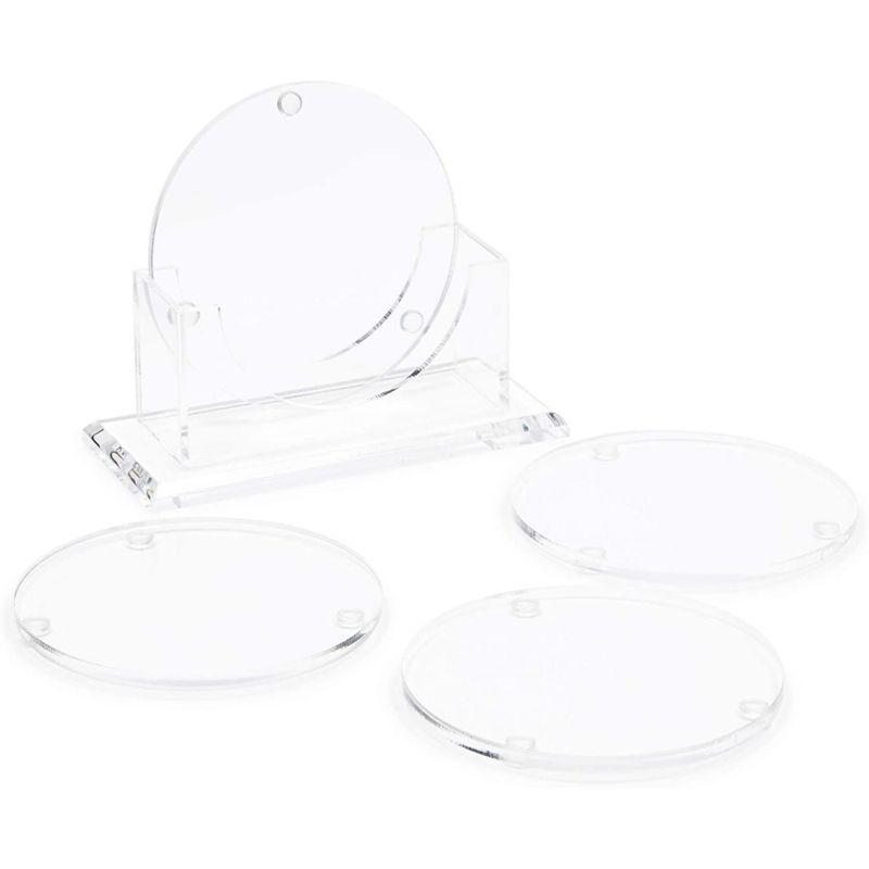 Juvale Set of 4 Clear Blank Acrylic Drink Coasters with Stand Holder, Round 4 inch