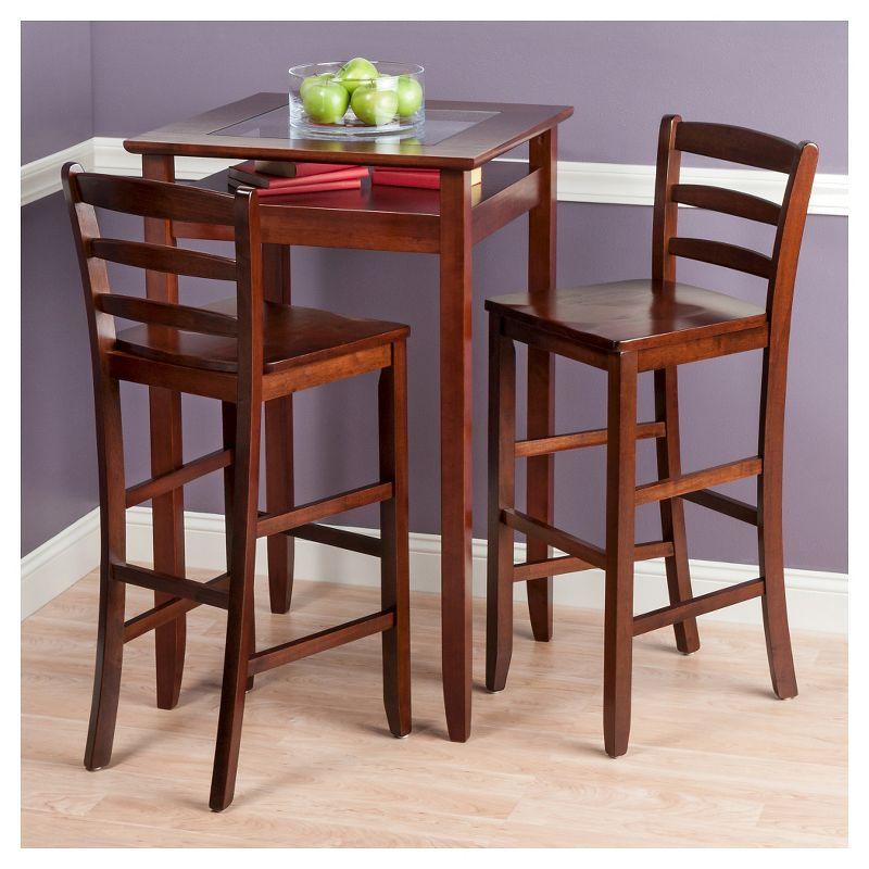 3pc Halo Bar Height Dining Set Wood/Walnut - Winsome: Ladder Back Stools, Tempered Glass Shelf