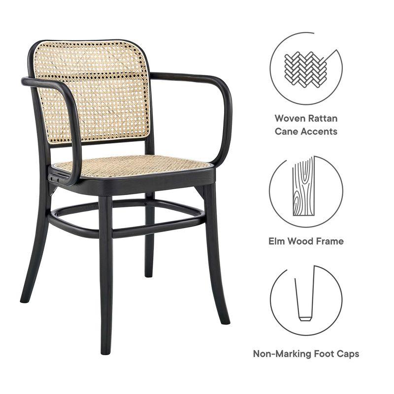Modway Winona Elm Wood Dining Chair with Cane Rattan Seat in Black 21 x 22.5 x 32