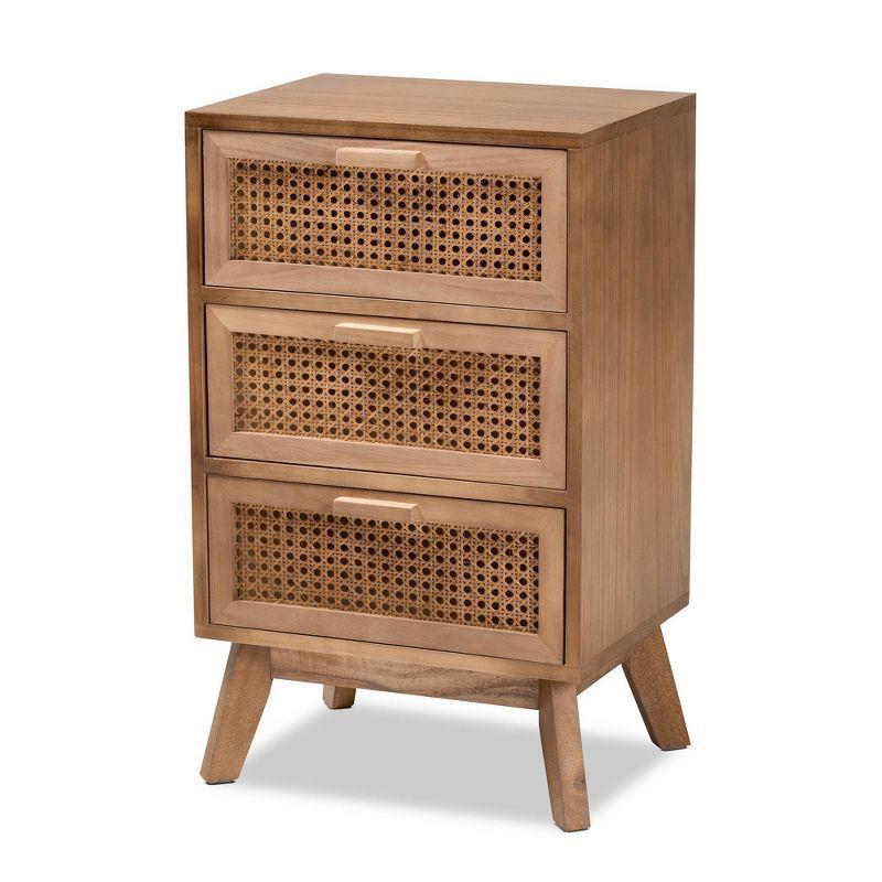 Baden Wood with Rattan 3 Drawer Nightstand Walnut Brown - Baxton Studio: Bohemian Style Bedside Table, MDF & Paulownia Frame