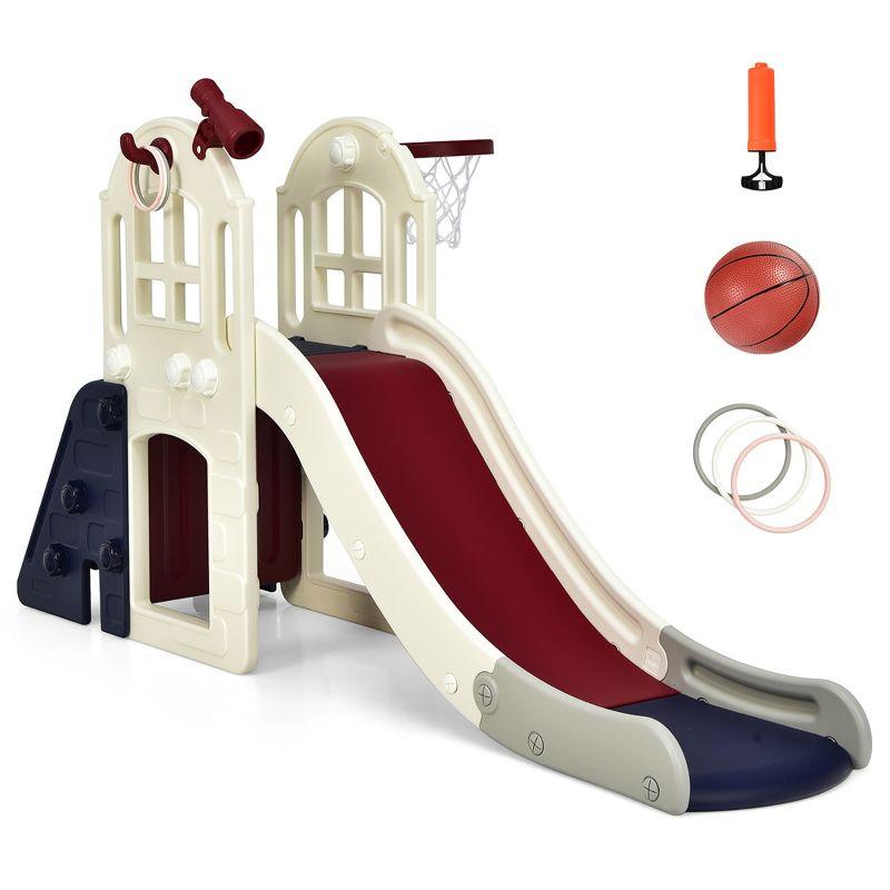 Costway 6-In-1 Large Slide for Kids Toddler Climber Slide Playset w/ Basketball Hoop Blue