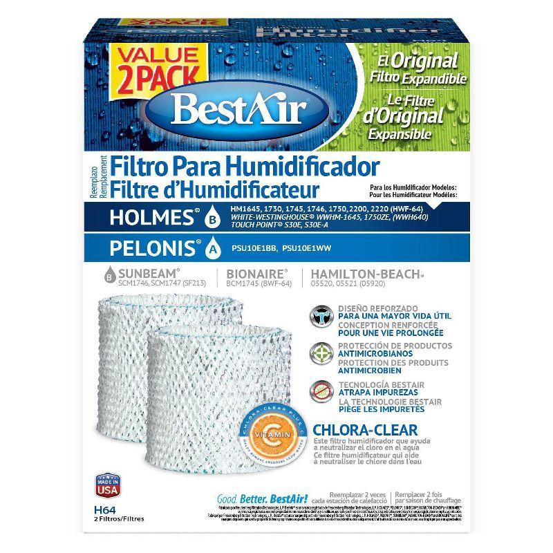 BestAir 2pk H64 Humidifier Replacement Filter for Holmes Humidifiers: Wick Filter, Captures Minerals & Bacteria, 10.1" Height