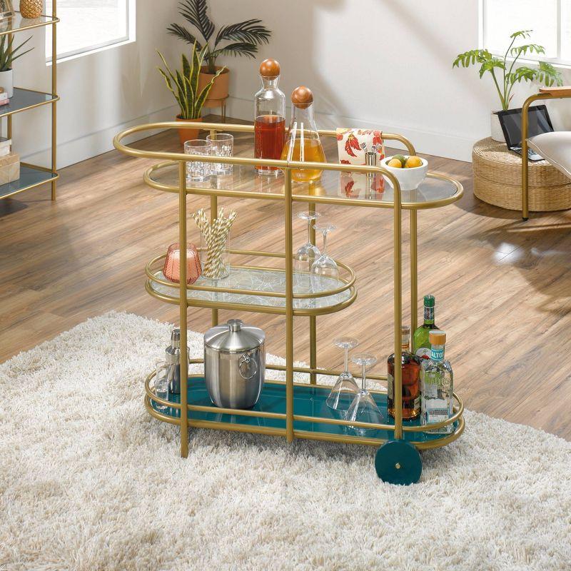 Satin Gold Coral Cape Bar Cart with Tempered Glass Shelves