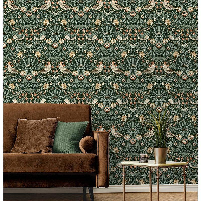 NextWall Aves Garden Peel and Stick Wallpaper Green: Vintage Bird & Floral Design, Repositionable, Washable, 30.75 Sq Ft Coverage